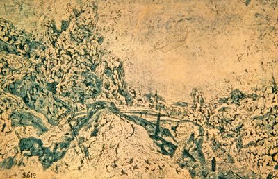Paesaggio roccioso con torre in lontananza (inchiostro su carta) da Hercules Seghers