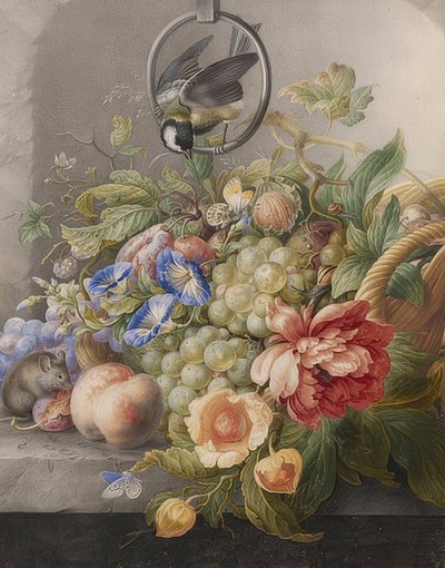 Natura morta con fiori, frutti, una cinciallegra e un topo da Herman Henstenburgh