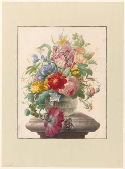 Fiori in un vaso di vetro con una farfalla da Herman Henstenburgh