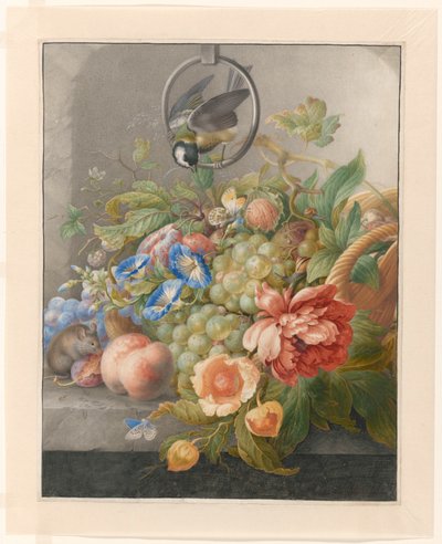 Natura morta con fiori, frutta, una cinciallegra e un topo da Herman Henstenburgh