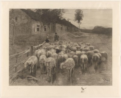 Pastore e una donna con un gregge di pecore da Herman Johannes van der Weele (signed by artist)