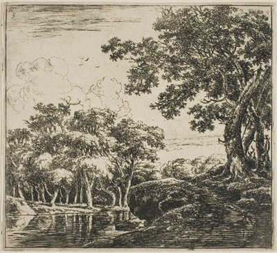 Tre grandi alberi su una collina, quinta lastra da Set di paesaggi da Herman Naijwincx