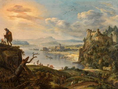 Un vasto paesaggio montano con vista su una valle fluviale da Herman Saftleven