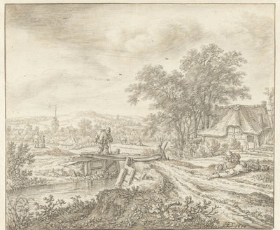 Paesaggio collinare con una fattoria vicino a un ponticello da Herman Saftleven