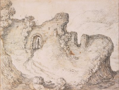 Paesaggio roccioso con rovine, che formano il profilo di un volto umano da Herman Saftleven