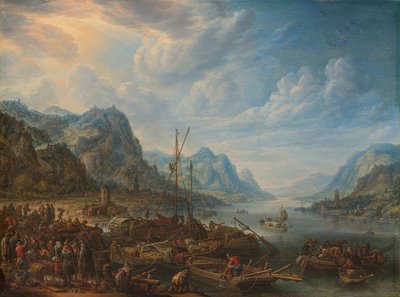 Vista di un fiume con ormeggi per barche da Herman Saftleven