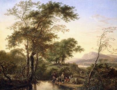 Un ampio paesaggio fluviale italianeggiante con viaggiatori vicino a una pozza, 1646 da Herman the Younger Saftleven