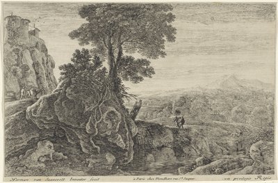 Paesaggio con un edificio su una roccia (Twaalf landschappen) da Herman van Swanevelt