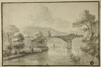 Fiume con ponte ad arco e barca da Herman van Swanevelt