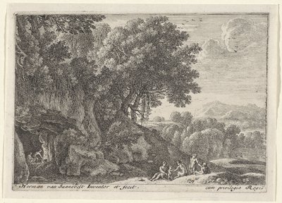 Satiri intorno al fuoco in una grotta (Landschappen met saters) da Herman van Swanevelt