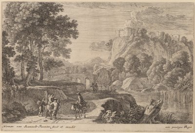 Viaggiatori sulla strada a sinistra di un ruscello da Herman van Swanevelt