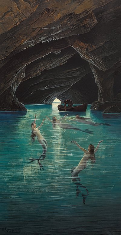 Un pescatore e sirene nella Grotta Azzurra a Capri da Hermann David Salomon Corrodi