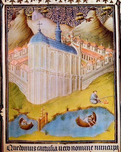 Monaci certosini che pescano e catturano pesci negli stagni a Chartreuse, Francia, XV secolo da Hermann Limbourg