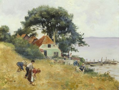 Bambini che raccolgono spighe vicino a un lago, c.1900-10 da Hermann Seeger