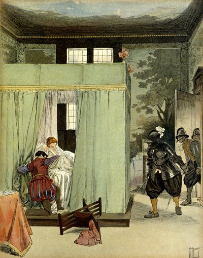 Un gentiluomo protestante trova rifugio nel letto di Margherita di Valois, regina di Francia nota come Regina Margot, il giorno di San Bartolomeo, il 24 agosto 1572. Illustrazione di Hermann Vogel in 