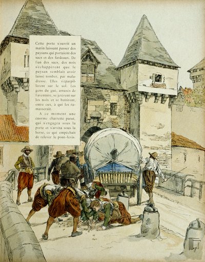 Sorpresa di Amiens. Gli spagnoli usarono un trucco per prendere la città di Amiens, 11 marzo 1597 bloccando la saracinesca con un carro. Illustrazione, 1907, di Hermann Vogel da Hermann Vogel