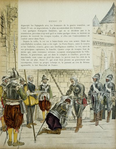 Carlo II di Cosse Brissac (Cosse-Brissac) (1562-1621 o 1626) nominato maresciallo di Francia da Enrico IV (1553-1610) prima di entrare a Parigi il 22 marzo 1594. Il prevosto dei mercanti Jean Lhuillier (?) accanto tiene le chiavi della città. Illustrazione da Hermann Vogel