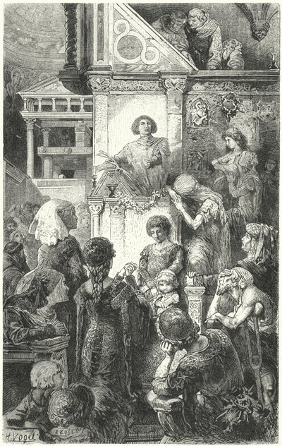 Giovanni Boccaccio che recita la Divina Commedia di Dante al popolo di Firenze, XIV secolo da Hermann Vogel