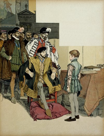 Il Re di Francia Enrico II (1519-1559) circondato dai suoi gentiluomini ama interrogare Enrico IV (1553-1610) da bambino per le sue risposte. Illustrazione di Hermann Vogel (1856-1918) in 