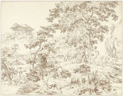 Paesaggio arcadico con donna che si lava i piedi da Hermanus Fock