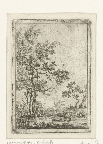 Paesaggio con alberi alti e cavallo con carro da Hermanus Fock