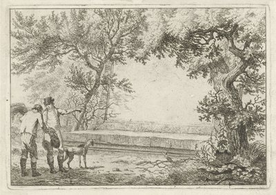 Due uomini vicino a una cartouche di pietra da Hermanus Fock