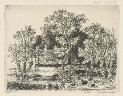 Paesaggio fluviale con una barca e anatre da Hermanus Jan Hendrik van Rijkelijkhuysen