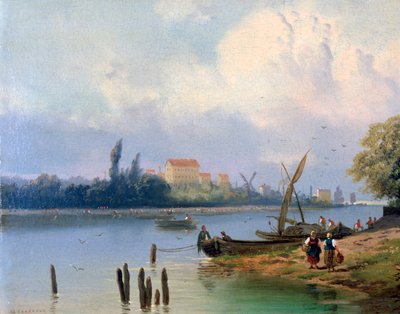 Persone vicino alle barche in Olanda, c. 1835-1882 da Hermanus Koekkoek
