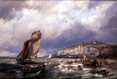 Imbarcazioni a vela e un traghetto al largo di Folkstone da Hermanus Koekkoek