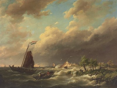 Scena costiera tempestosa con città al di là da Hermanus Koekkoek