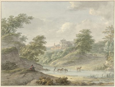 Paesaggio con disegnatore seduto e castello sull