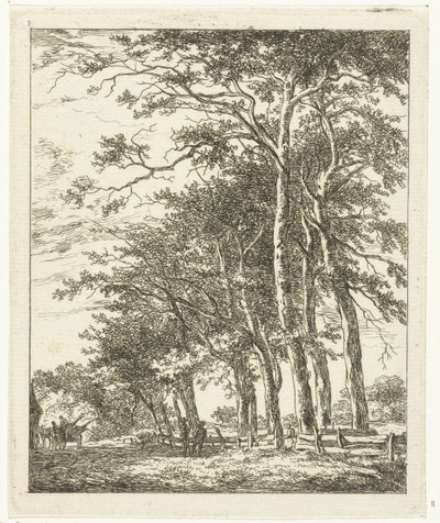 Due figure in piedi vicino ad alberi alti da Hermanus van Brussel