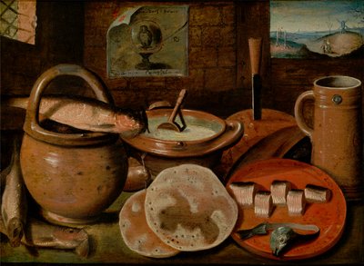 Olandese: Natura morta con vasellame, aringhe e frittelle; a destra una veduta di una coppia in un paesaggio con forca e mulino Natura morta con un pasto per poveri a base di porridge, formaggio, aringhe e frittelle da Hieronymous Francken II