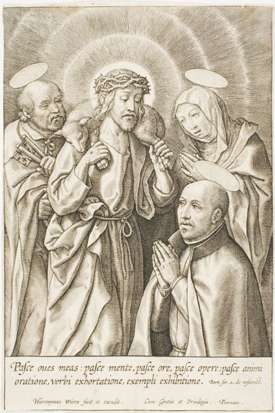 Ignazio di Loyola in ginocchio davanti a Cristo, alla Vergine e a san Pietro da Hieronymous Wierix