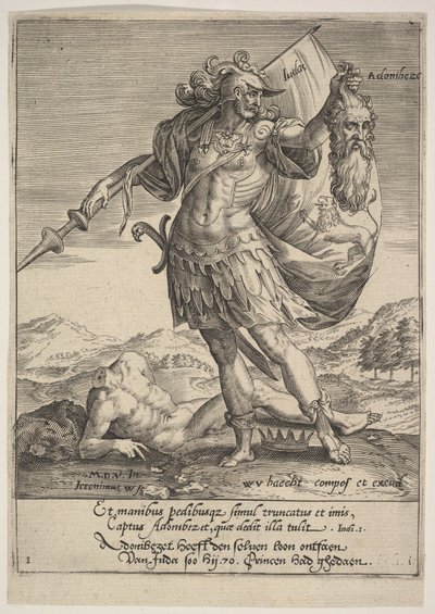 Giuda con la testa di Adonibezek, da Willem van Haecht, Tyrannorum proemia, 1578 da Hieronymous Wierix
