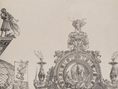 Il pinnacolo del portale destro e un trombettiere e uno stendardo dal portale centrale, fr..., 1515 da Hieronymus Andreae