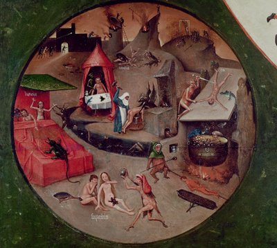 Tavolo dei sette peccati capitali e delle quattro ultime cose, dettaglio dell