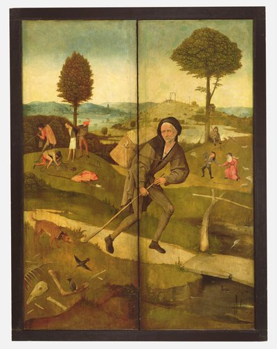 Il carro di fieno, con pannelli chiusi che mostrano Everyman che cammina sul sentiero della vita da Hieronymus Bosch