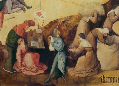 Il tiradenti, il suonatore di cornamusa e i raccoglitori di legna, dettaglio del pannello centrale del Trittico del Carro di Fieno, c.1515 (dettaglio) da Hieronymus Bosch