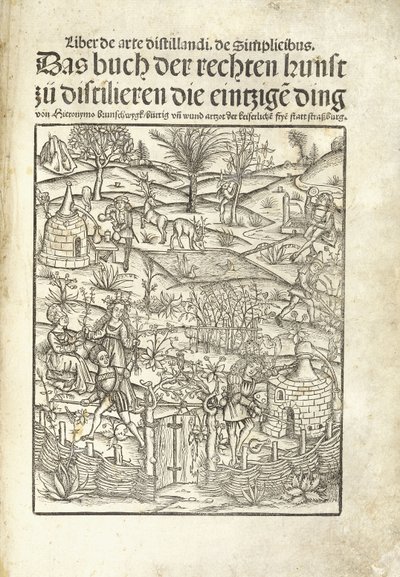 Pagina del titolo, illustrante distillerie di erbe con figure in un paesaggio da Hieronymus Brunschwig