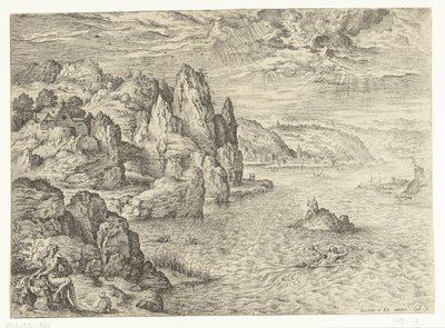 Paesaggio costiero con Eroe e Leandro da Hieronymus Cock