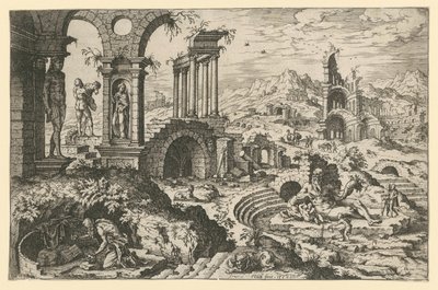 San Girolamo in un paesaggio di rovine da Hieronymus Cock