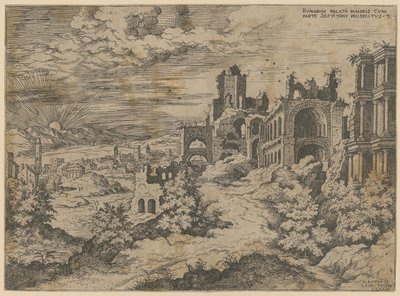 Rovine del Palatino con panorama paesaggistico, foglio 3 della serie "Praecipua aliquot Romanae Antiquitatis Ruinarum Monimenta [...]" da Hieronymus Cock