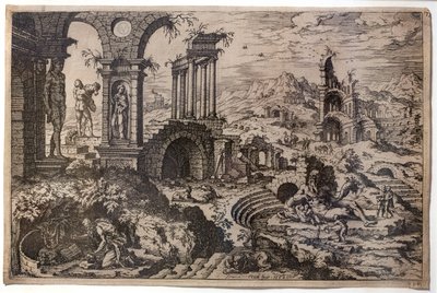 Paesaggio di rovine con il santo penitenziero Girolamo da Hieronymus Cock