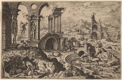 San Girolamo in un Paesaggio con Rovine da Hieronymus Cock after Maerten van Heemskerck