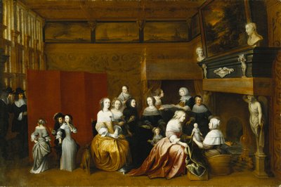 Donne che celebrano la nascita di un bambino e uomini che osservano da dietro uno schermo, in un interno da Hieronymus Janssens