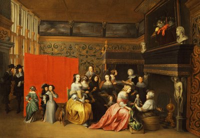 Signore che celebrano la nascita di un bambino in un elegante boudoir da Hieronymus Janssens