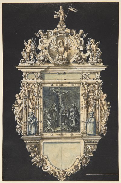 Bozza per un epitafio con la crocifissione di Cristo. Una cornice riccamente ornamentata con numerose figure da Hieronymus Wierix