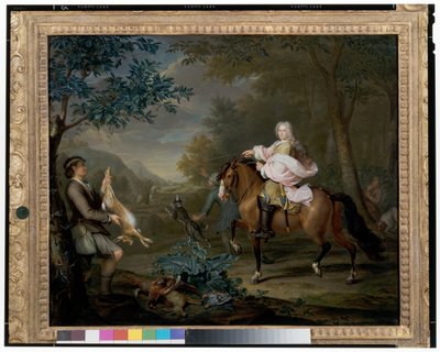 Un gentiluomo a cavallo con cacciatori in un ampio paesaggio da Hieronymus van der Mij