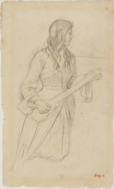 Giovane donna che suona il mandolino, studio per il ritratto di Mlle. Fiocre nel balletto "La Source". da Hilaire Germain Edgar Degas